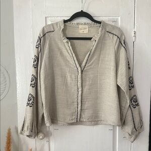 Chic Cream Blouse with Black Embroidery